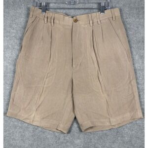 LUAU Pleated 100% Silk Herringbone Shorts 34 Tan Tropical Resortwear